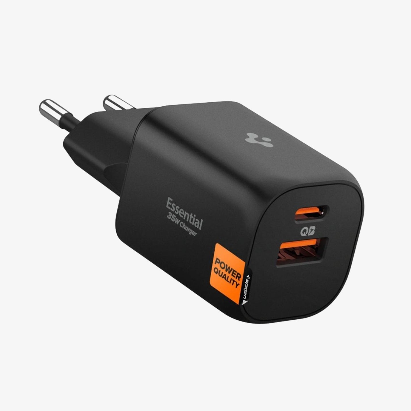 Spigen Essential 2-Port 35W ორიგინალი სწრაფი დამტენი ადაპტერი Type-C და USB-A პორტებით, პრემიუმ ხარისხის დიზაინით.