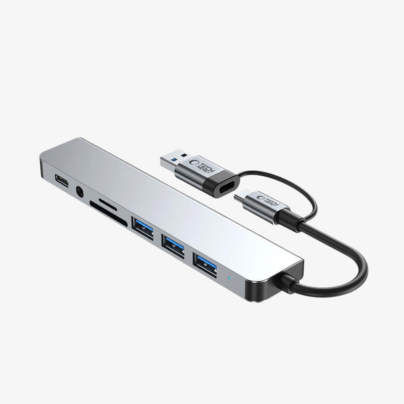 Tech-Protect HB06 8-in-1 Type-C Hub Adapter USB 2.0, USB 3.0, SD/TF და AV 3.5მმ აუდიო პორტებით, Space Grey