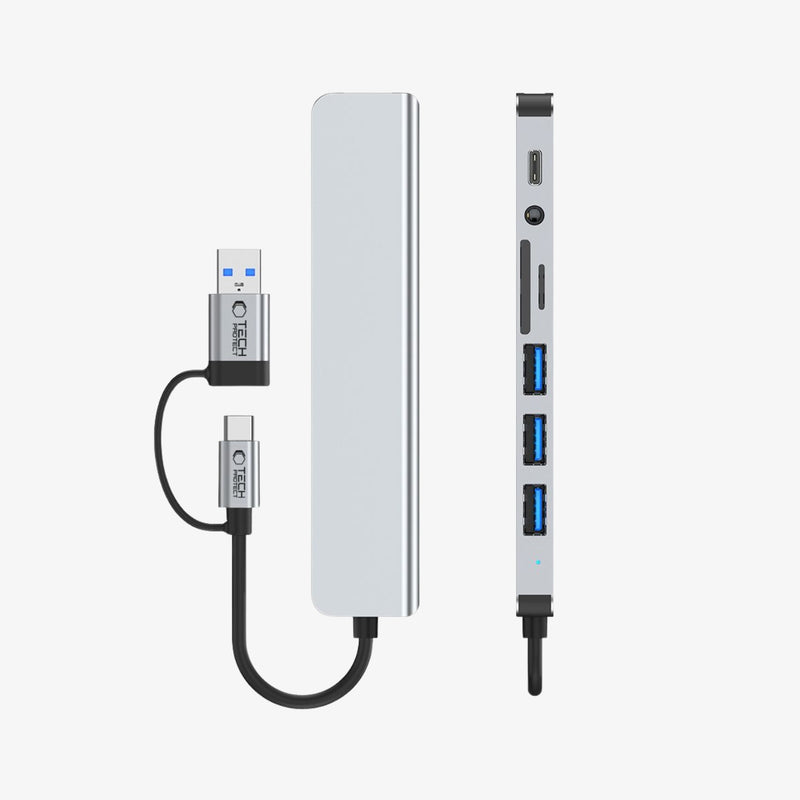 Tech-Protect HB06 8-in-1 Type-C Hub Adapter USB 2.0, USB 3.0, SD/TF და AV 3.5მმ აუდიო პორტებით, Space Grey