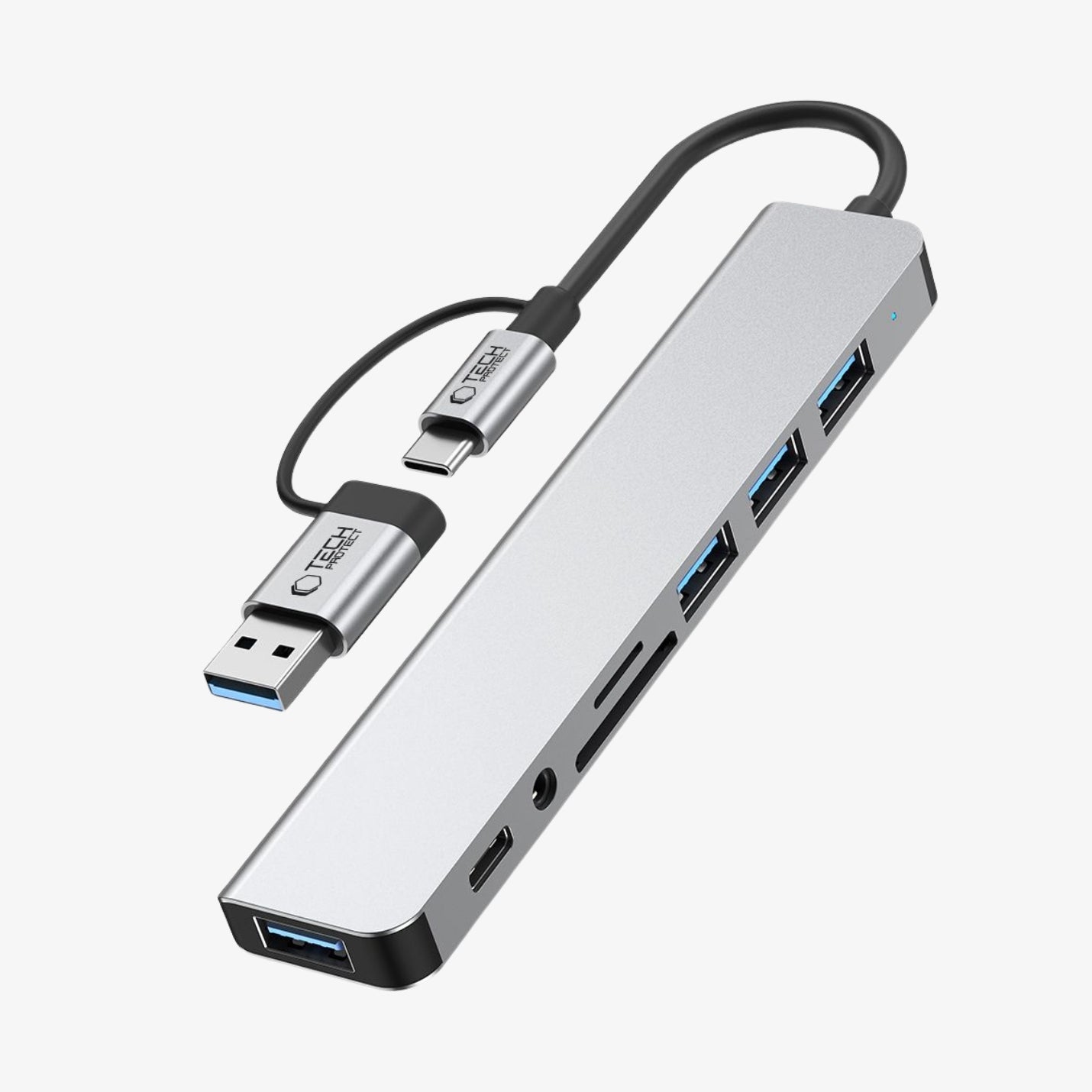 Tech-Protect HB06 8-in-1 Type-C Hub Adapter USB 2.0, USB 3.0, SD/TF და AV 3.5მმ აუდიო პორტებით, Space Grey
