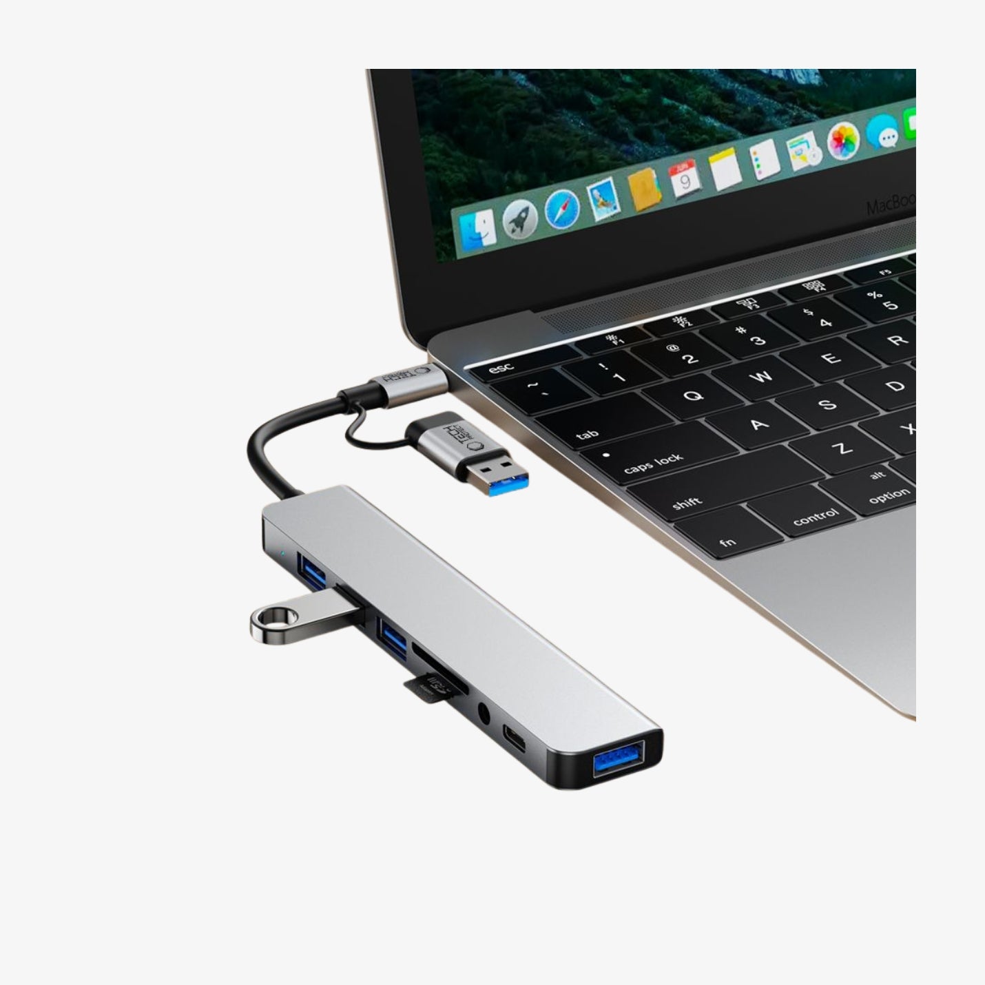 Tech-Protect HB06 8-in-1 Type-C Hub Adapter USB 2.0, USB 3.0, SD/TF და AV 3.5მმ აუდიო პორტებით, Space Grey