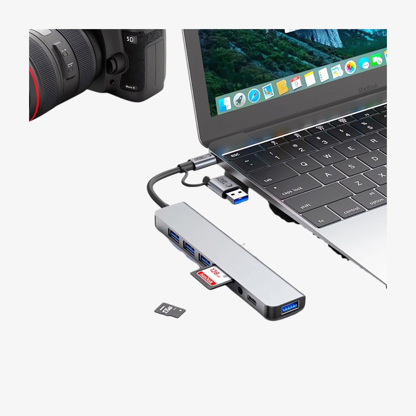 Tech-Protect HB06 8-in-1 Type-C Hub Adapter USB 2.0, USB 3.0, SD/TF და AV 3.5მმ აუდიო პორტებით, Space Grey