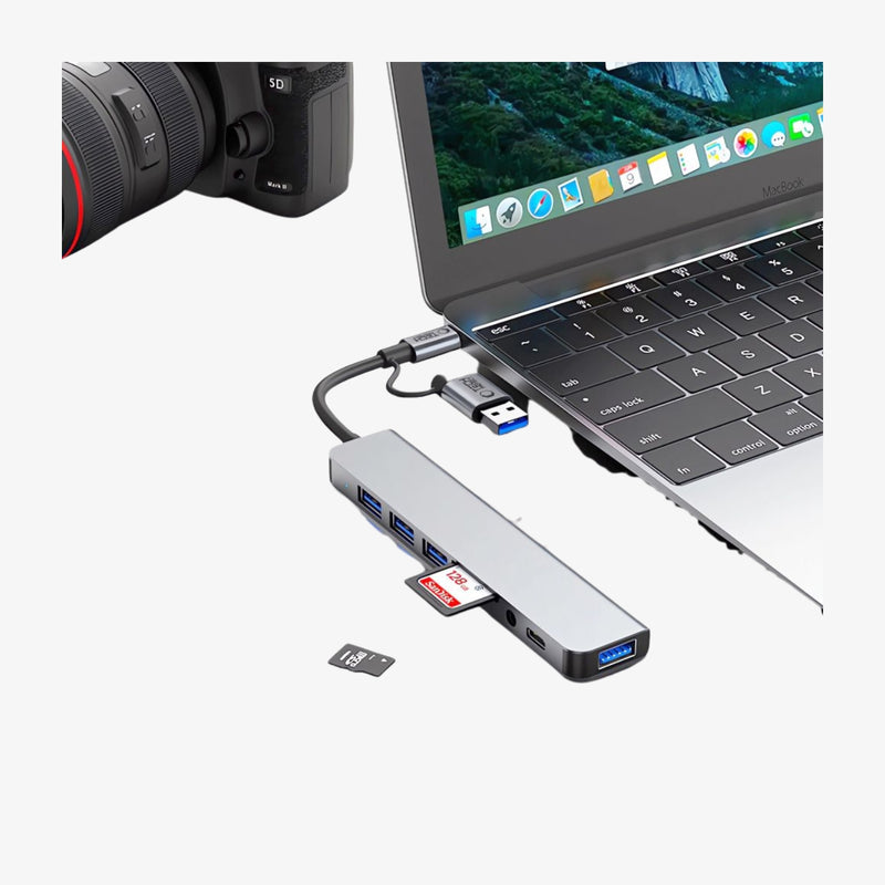 Tech-Protect HB06 8-in-1 Type-C Hub Adapter USB 2.0, USB 3.0, SD/TF და AV 3.5მმ აუდიო პორტებით, Space Grey