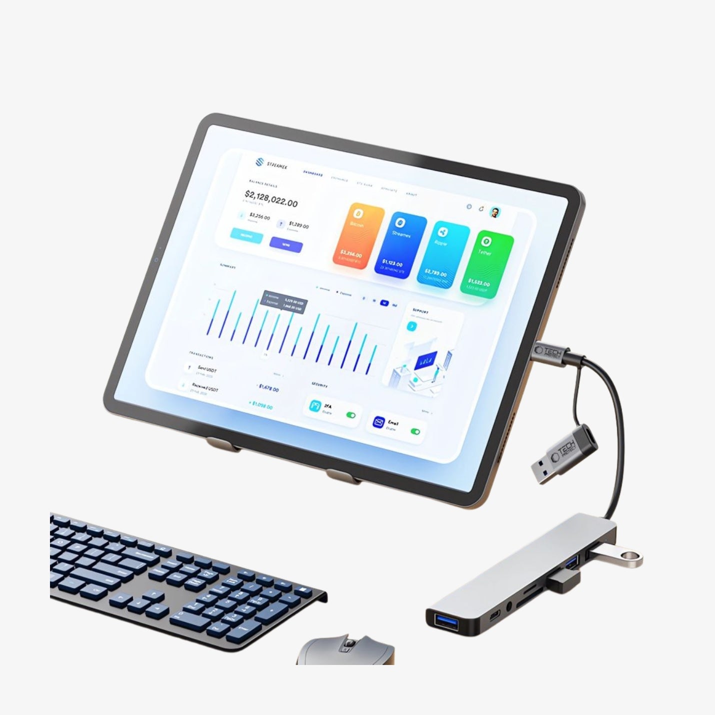 Tech-Protect HB06 8-in-1 Type-C Hub Adapter USB 2.0, USB 3.0, SD/TF და AV 3.5მმ აუდიო პორტებით, Space Grey