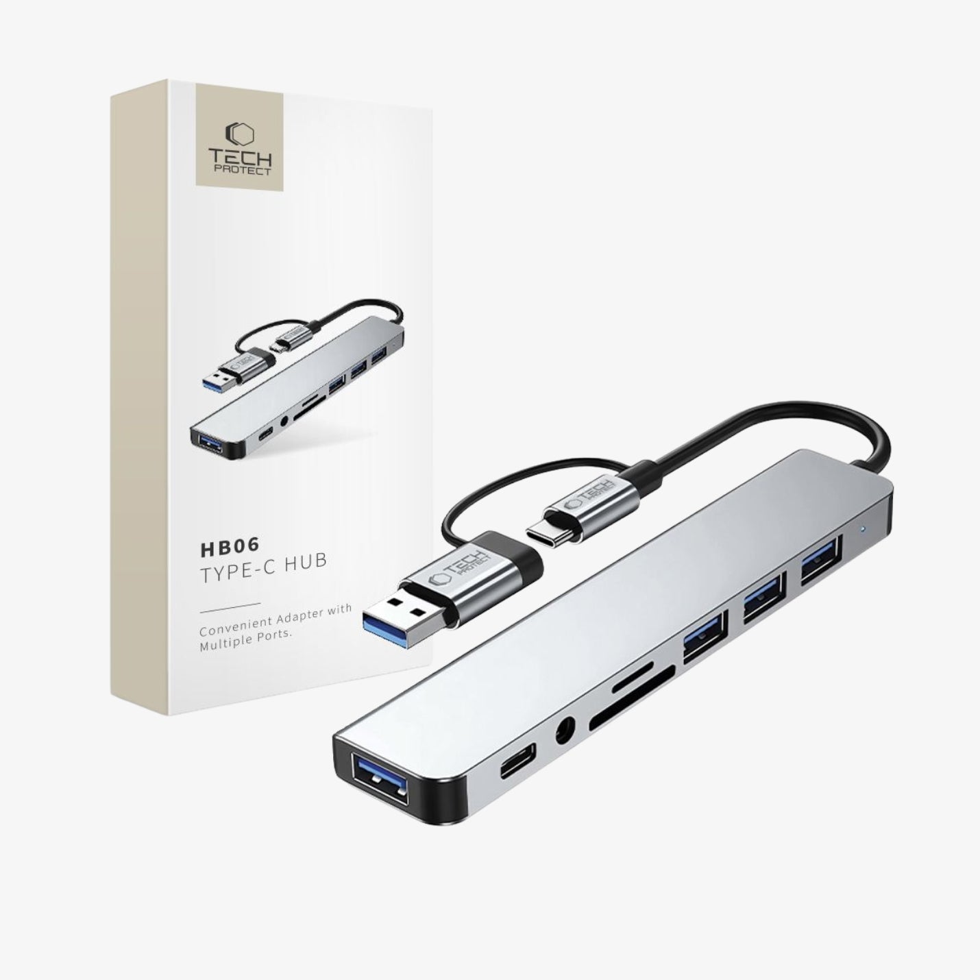 Tech-Protect HB06 8-in-1 Type-C Hub Adapter USB 2.0, USB 3.0, SD/TF და AV 3.5მმ აუდიო პორტებით, Space Grey