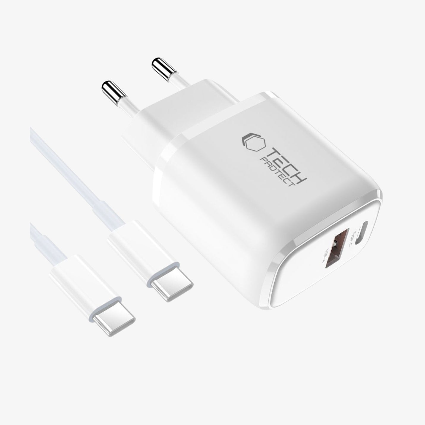 ადაპტერი Tech-Protect NCA30 2-Port Network Charger – სწრაფი დამტენი USB და თაიფსი Type-C კაბელით.