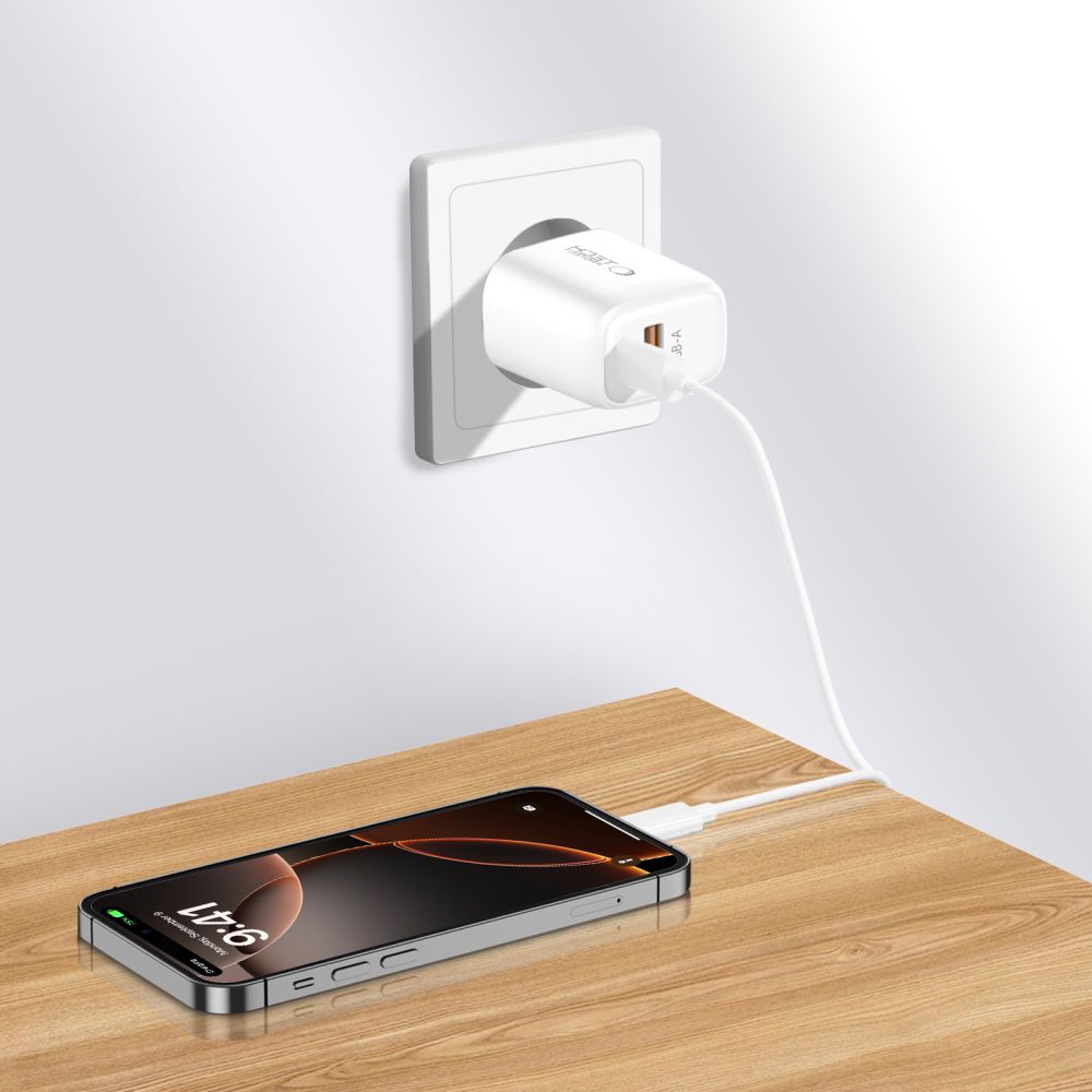 ადაპტერი Tech-Protect NCA30 2-Port Network Charger – სწრაფი დამტენი USB და თაიფსი Type-C კაბელით.