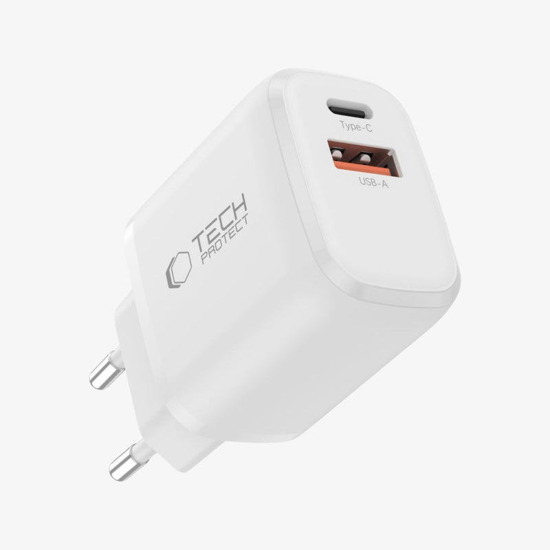 ადაპტერი Tech-Protect NCA30 2-Port Network Charger – სწრაფი დამტენი USB და თაიფსი Type-C კაბელით.