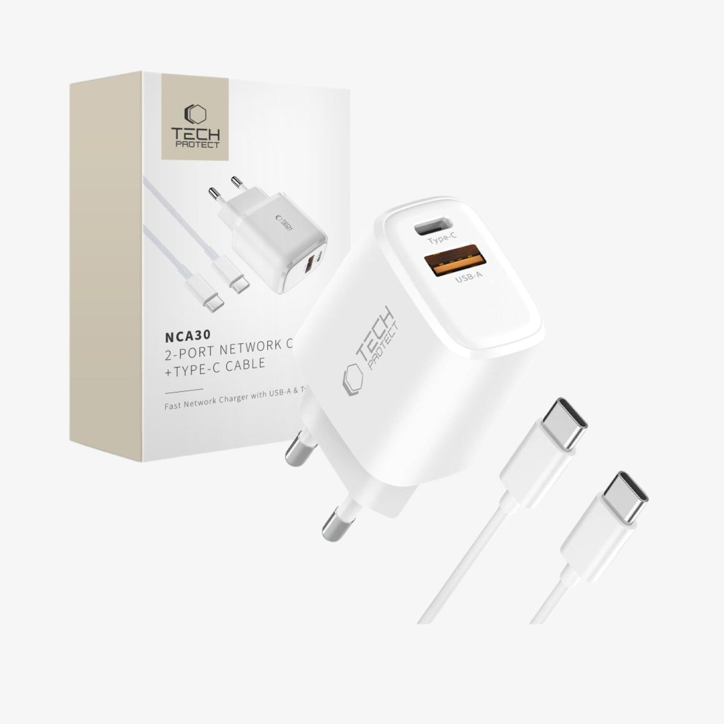 ადაპტერი Tech-Protect NCA30 2-Port Network Charger – სწრაფი დამტენი USB და თაიფსი Type-C კაბელით.