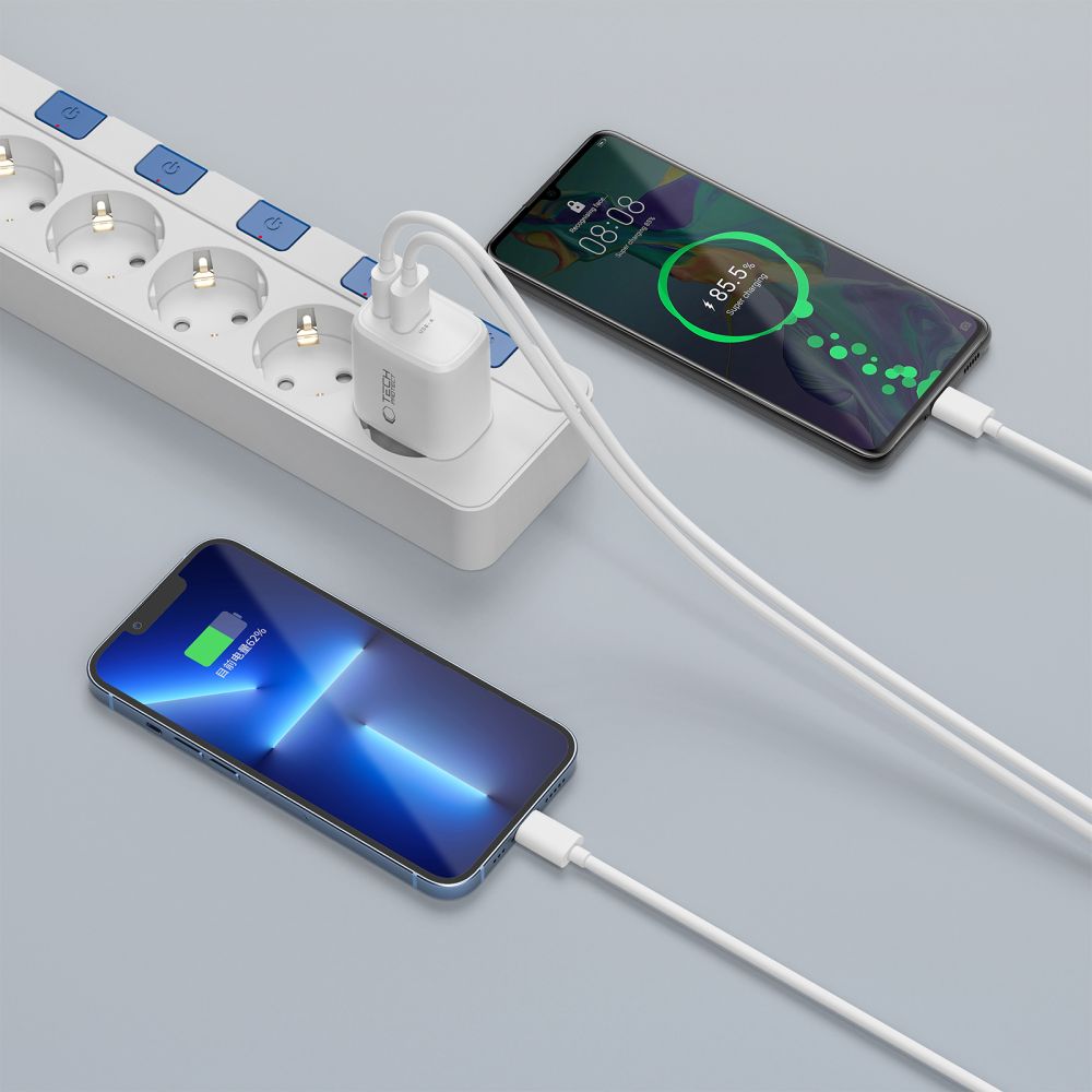 ადაპტერი Tech-Protect NCA30 2-Port Network Charger – სწრაფი დამტენი USB და თაიფსი Type-C კაბელით.