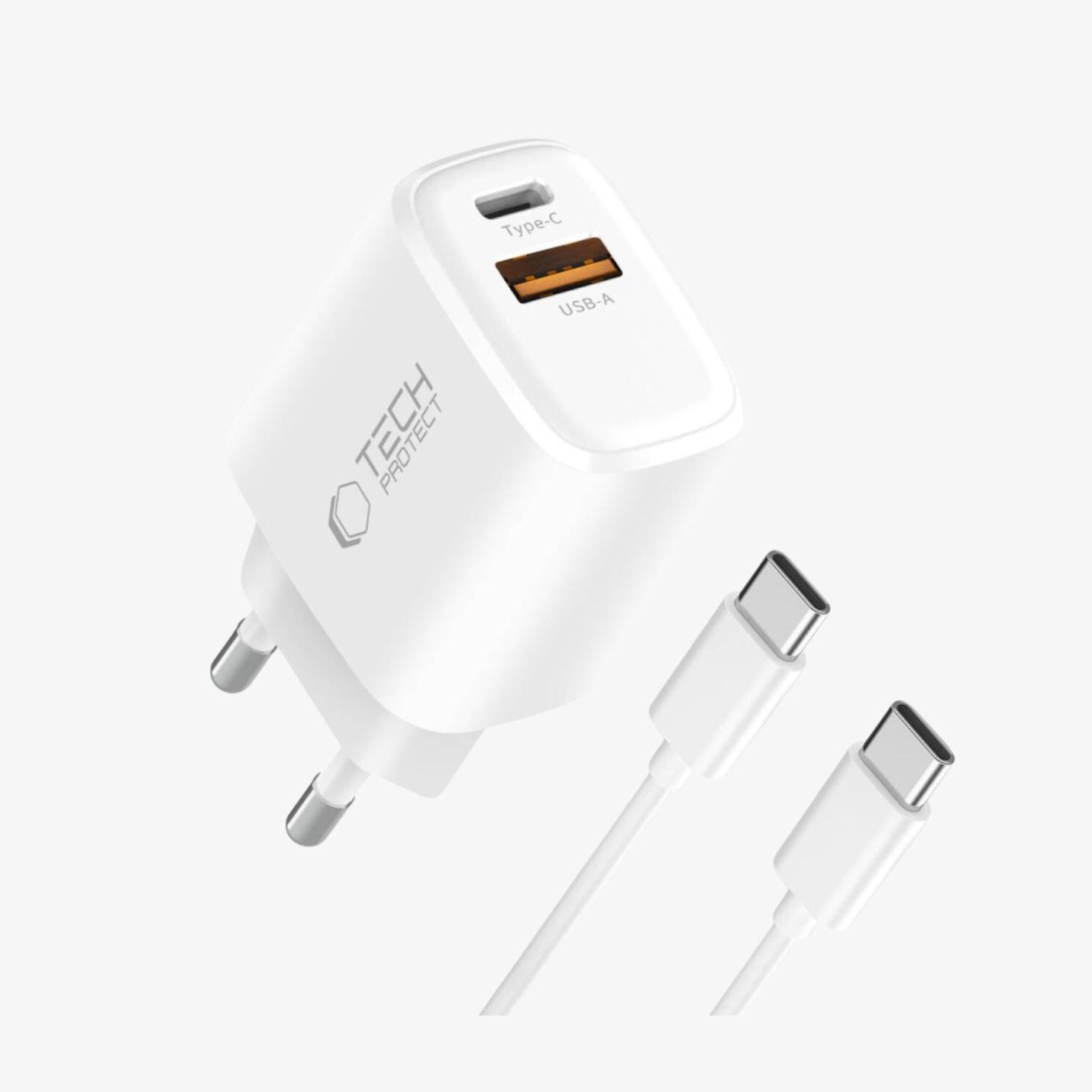ადაპტერი Tech-Protect NCA30 2-Port Network Charger – სწრაფი დამტენი USB და თაიფსი Type-C კაბელით.