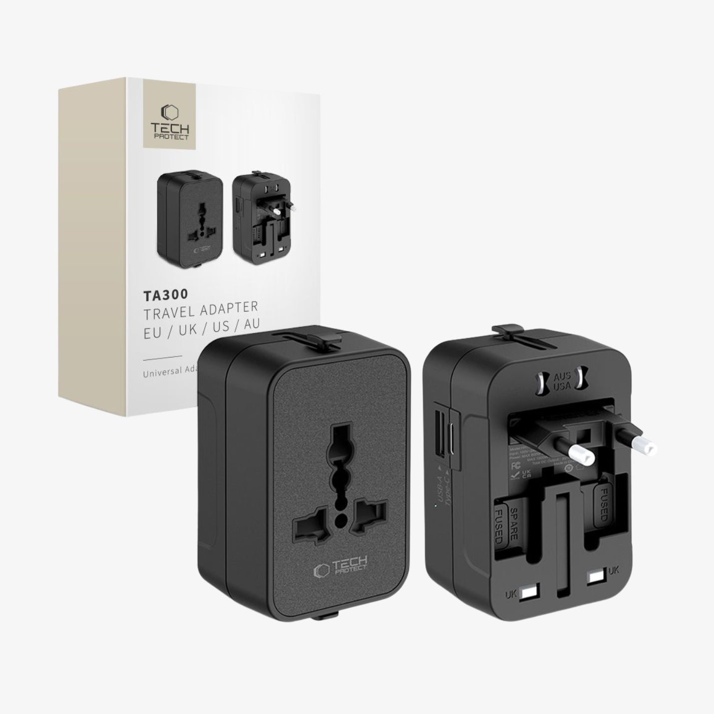 Tech-Protect TA300 უნივერსალური travel adapter EU UK US AU მხარდაჭერით