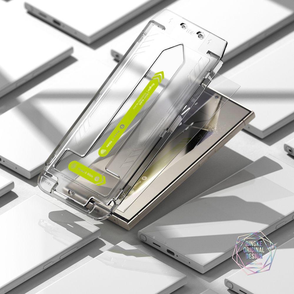 ეკრანის დამცავი Ringke Easy Slide Galaxy S24 Ultra არის გამძლე ბრონი, რომელიც იცავს სმარტფონს, ინარჩუნებს თითის ანაბეჭდის სენსორს და დამზადებულია შავი კანტების გარეშე; Ringke Easy Slide Galaxy S24 Ultra screen protector is a durable armor that protects the smartphone, supports fingerprint recognition, and is designed without black borders.