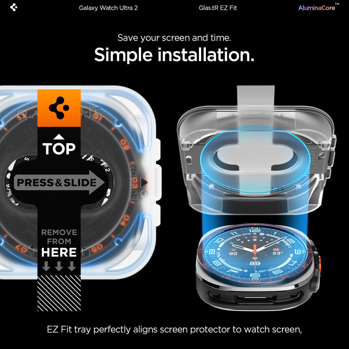 Spigen Glas.tR EZ Fit ბრონი შავი კანტების გარეშე Galaxy Watch Ultra 2-ისთვის