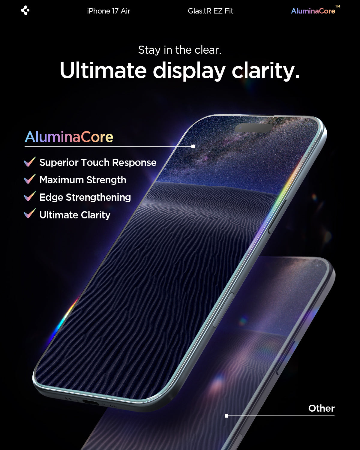 ეკრანის დამცავი Spigen GLAS.tR EZ Fit iPhone 17 Air – პრემიუმ კლასის ბრონი შუშა, შავი კანტების გარეშე, მარტივი ინსტალაციით საქართველოში.