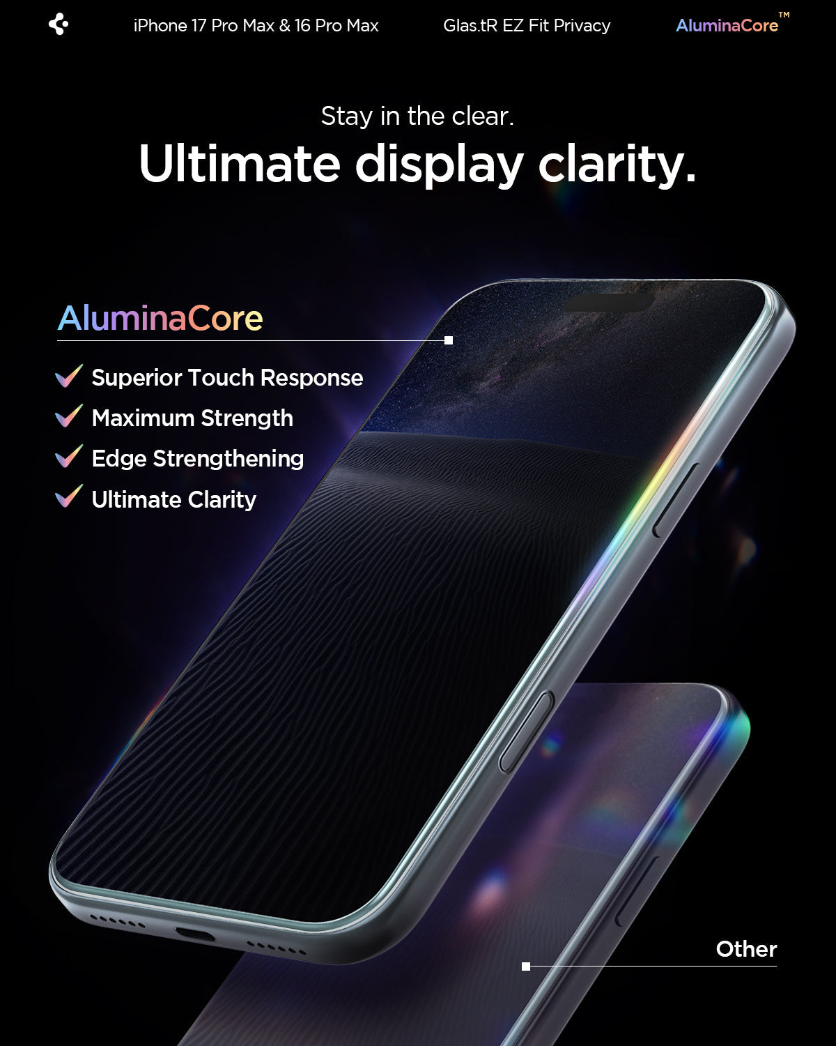 ეკრანის დამცავი Spigen GLAS.tR EZ Fit Privacy iPhone 17 Pro Max – ბრონირებული დამცავი მინა, გვერდიდან რომ არ ჩანს, ინკოგნიტო ეფექტით და სენსორის მხარდაჭერით.