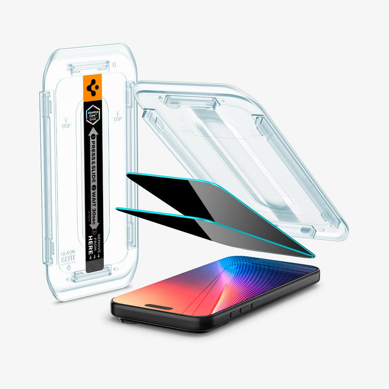 ეკრანის დამცავი Spigen GLAS.tR EZ Fit Privacy iPhone 17 Pro Max – ბრონირებული დამცავი მინა, გვერდიდან რომ არ ჩანს, ინკოგნიტო ეფექტით და სენსორის მხარდაჭერით.