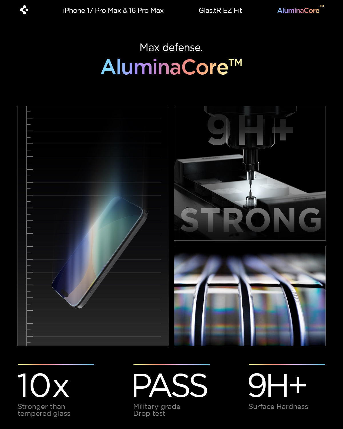 ეკრანის დამცავი Spigen GLAS.tR EZ Fit iPhone 17 Pro Max – პრემიუმ კლასის ბრონი შუშა, შავი კანტების გარეშე, მარტივი ინსტალაციით საქართველოში.