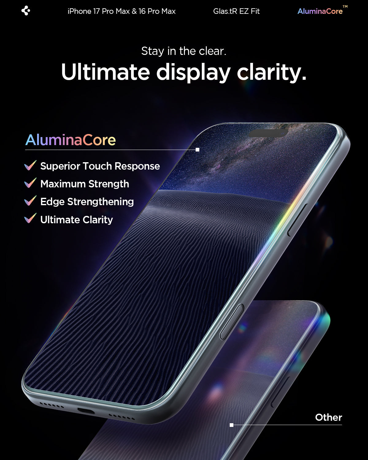 ეკრანის დამცავი Spigen GLAS.tR EZ Fit iPhone 17 Pro Max – პრემიუმ კლასის ბრონი შუშა, შავი კანტების გარეშე, მარტივი ინსტალაციით საქართველოში.