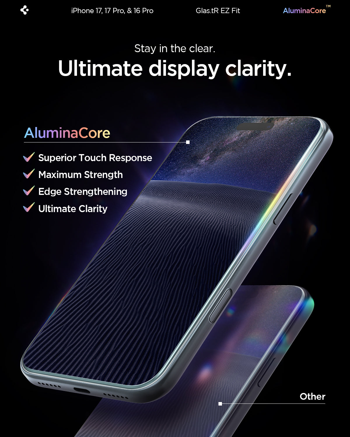 ეკრანის დამცავი Spigen GLAS.tR EZ Fit iPhone 17 – პრემიუმ კლასის ბრონი შუშა, შავი კანტების გარეშე, მარტივი ინსტალაციით საქართველოში.