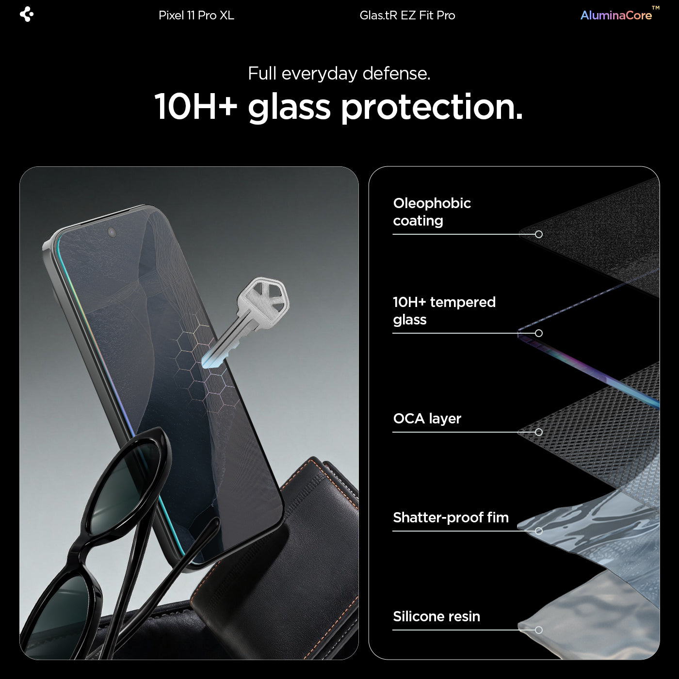 Spigen GLAS.tR EZ Fit Pro ეკრანის დამცავი Pixel 11 Pro XL შავი კანტების გარეშე