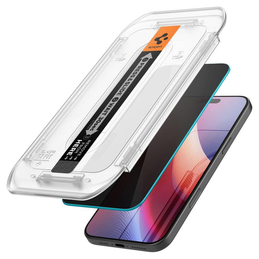 Spigen GLAS.tR EZ Fit Privacy ეკრანის დამცავი iPhone 16 Pro-ისთვის - ბრონირებული ეკრანის საუკეთესო დამცავი საქართველოში, in Tbilisi, იდეალური screen protector iPhone 16 Pro-ისთვის, ეკრანის დამცავი, რომელიც გვერდიდან არ ჩანს