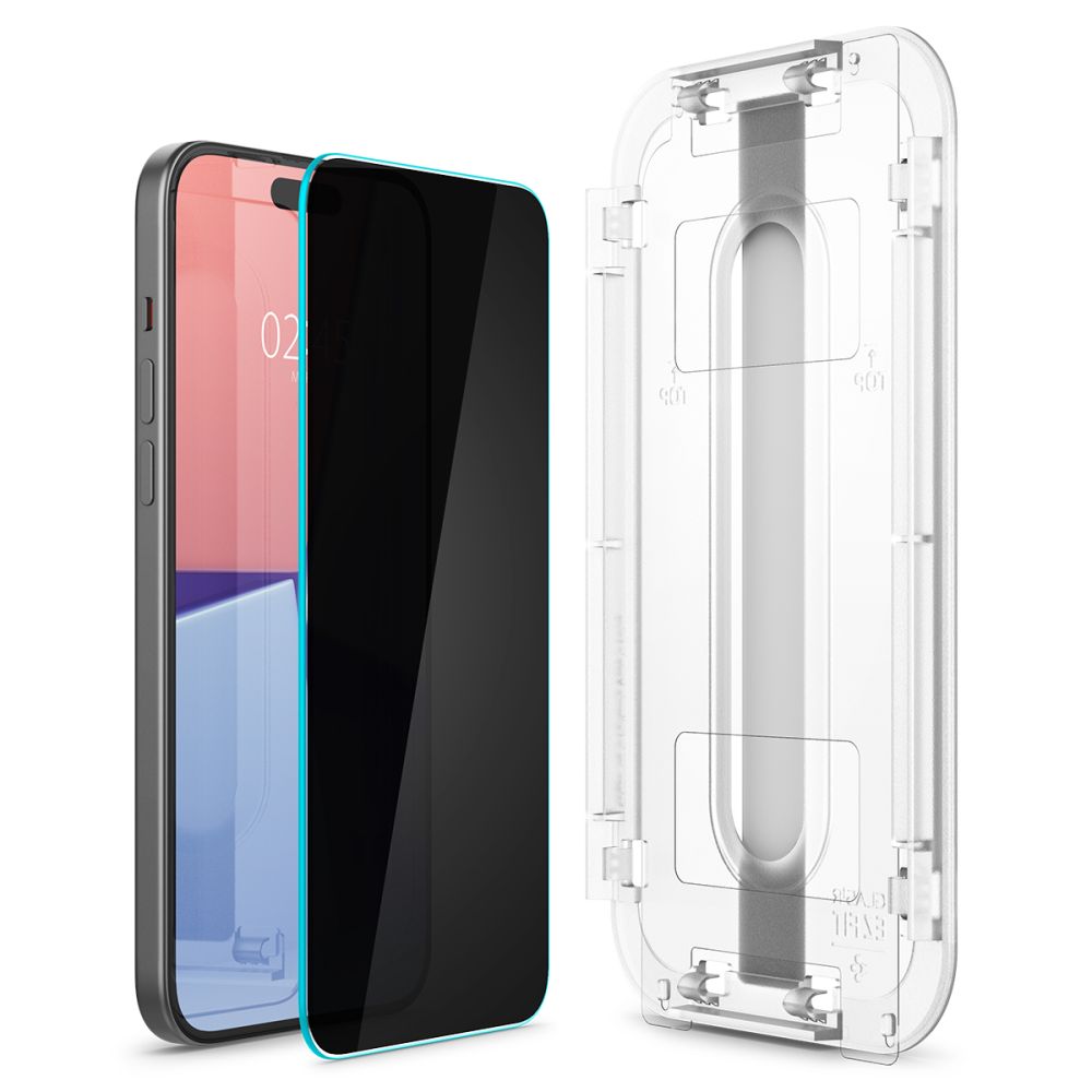 Spigen GLAS.tR EZ Fit Privacy ეკრანის დამცავი iPhone 16-ისთვის - ბრონირებული ეკრანის საუკეთესო დამცავი საქართველოში, in Tbilisi, იდეალური screen protector iPhone 16-ისთვის, ბრონი რომელიც გვერდიდან არ ჩანს