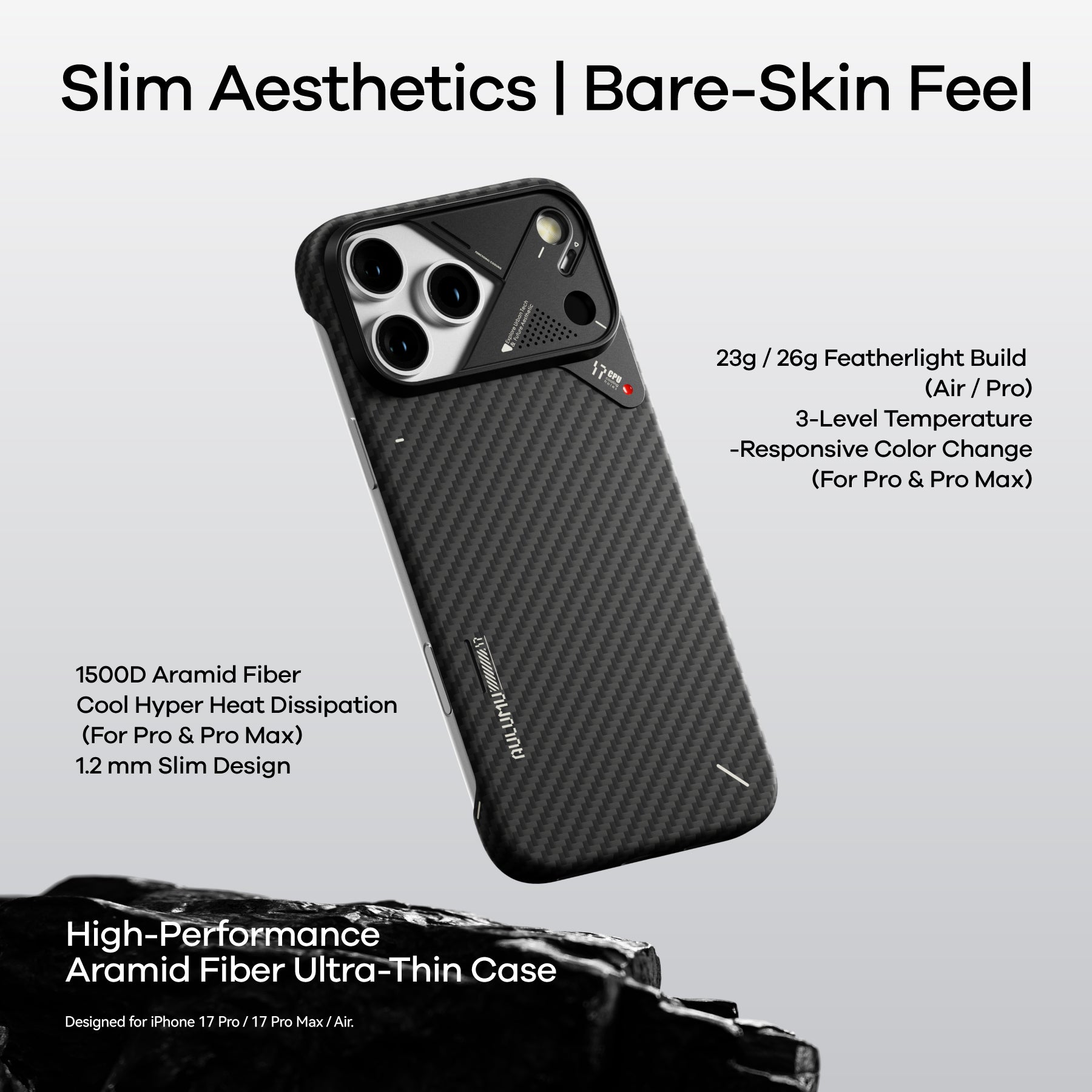 კარბონის სტილის ჩასადები Aulumu iPhone 17 Pro Max ქეისი MagSafe ფუნქციით