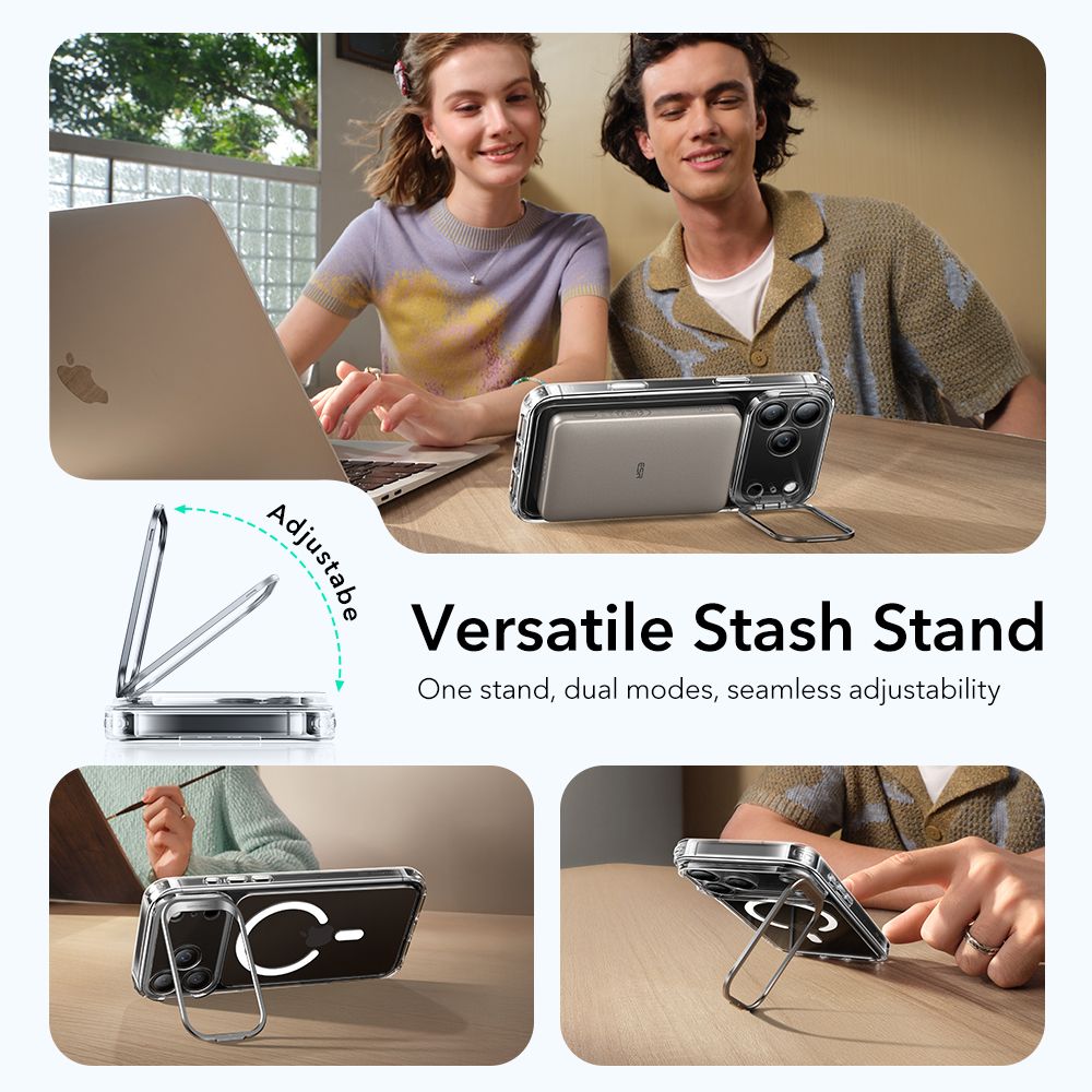 ქეისი ESR Classic Hybrid KickStand MagSafe iPhone 17 Pro – გამჭირვალე პრემიუმ კლასი ჩასადები, კამერის ღილაკის დაცვით და სადგამით კომფორტული გამოყენებისთვის.