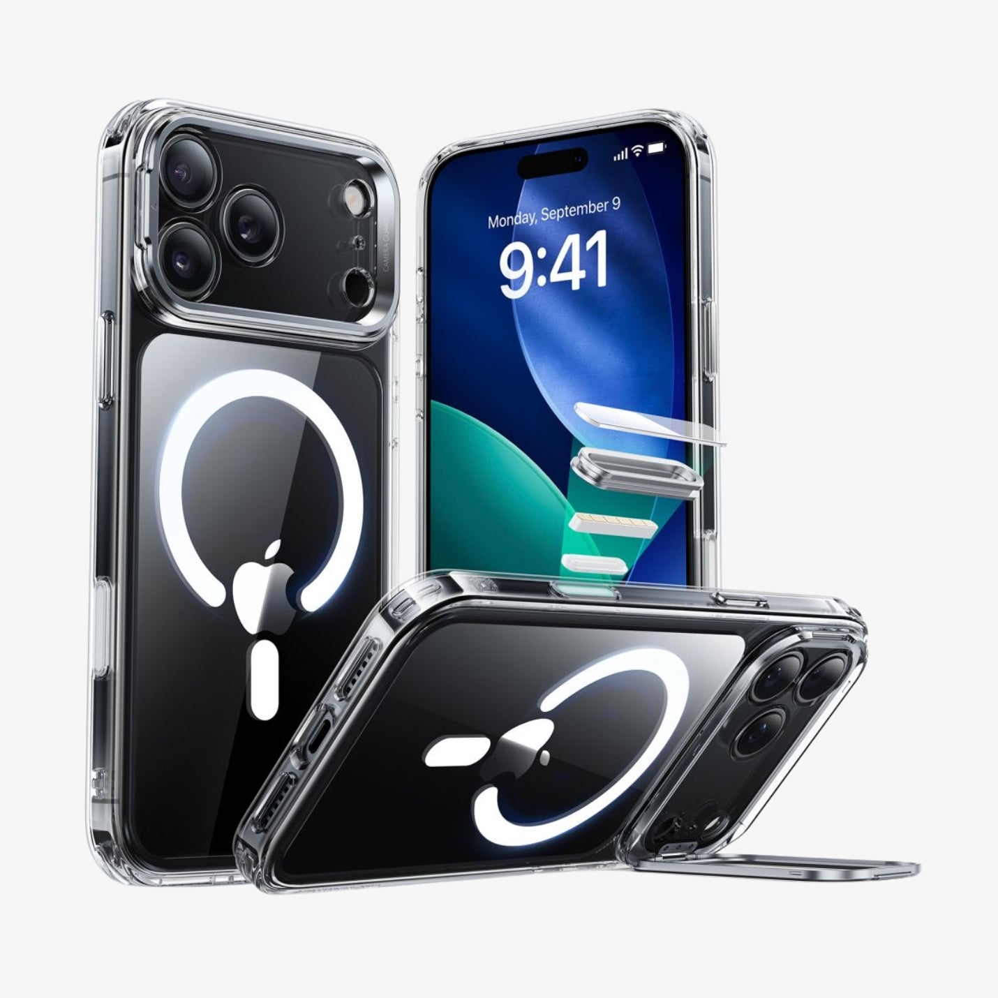 ქეისი ESR Classic Hybrid KickStand MagSafe iPhone 17 Pro – გამჭირვალე პრემიუმ კლასი ჩასადები, კამერის ღილაკის დაცვით და სადგამით კომფორტული გამოყენებისთვის.