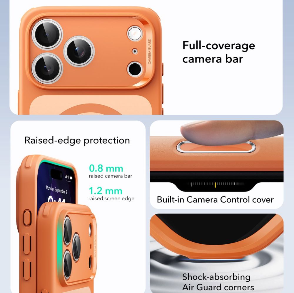 ESR Classic Hybrid MagSafe iPhone 17 Pro Case — პრემიუმ კლასის სტაფილოსფერი (orange) ჩასადები ქეისი კამერის ღილაკის დაცვით და მაგსეიფი/MagSafe მხარდაჭერით.