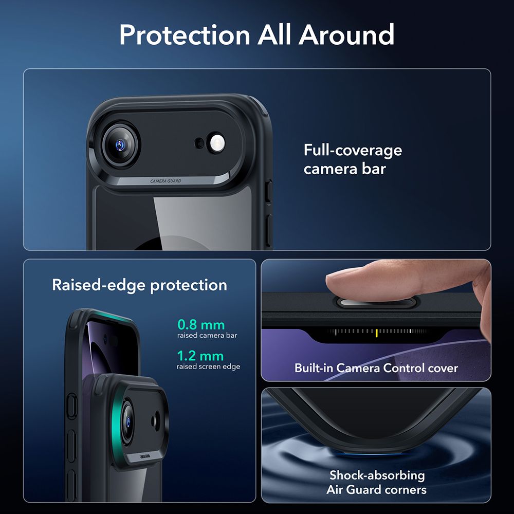 ქეისი ESR Classic Hybrid MagSafe & Tempered Glass iPhone 17 Air – გამჭირვალე მაღალი ხარისხის ჩასადები, ბრონირებული დაცვით, კამერის ღილაკის დაცვით და საჩუქრად ეკრანის დამცავით.