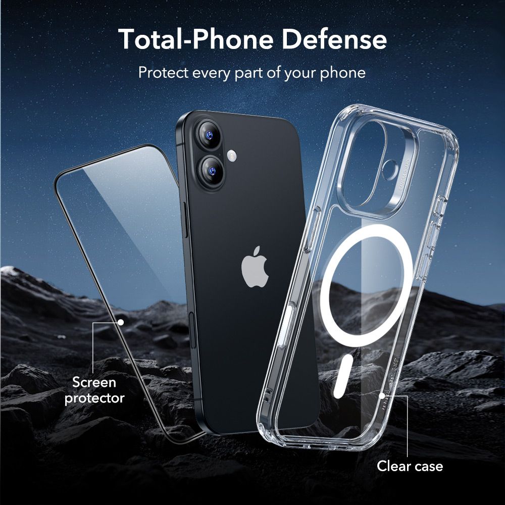 ქეისი ESR Classic Hybrid MagSafe & Tempered Glass iPhone 17 – გამჭირვალე მაღალი ხარისხის ჩასადები, ბრონირებული დაცვით, კამერის ღილაკის დაცვით და საჩუქრად ეკრანის დამცავით.