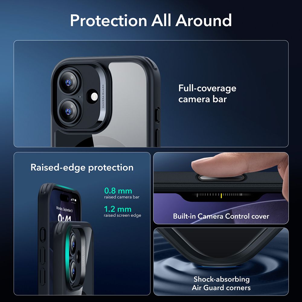 ქეისი ESR Classic Hybrid MagSafe & Tempered Glass iPhone 17 – გამჭირვალე მაღალი ხარისხის ჩასადები, ბრონირებული დაცვით, კამერის ღილაკის დაცვით და საჩუქრად ეკრანის დამცავით.