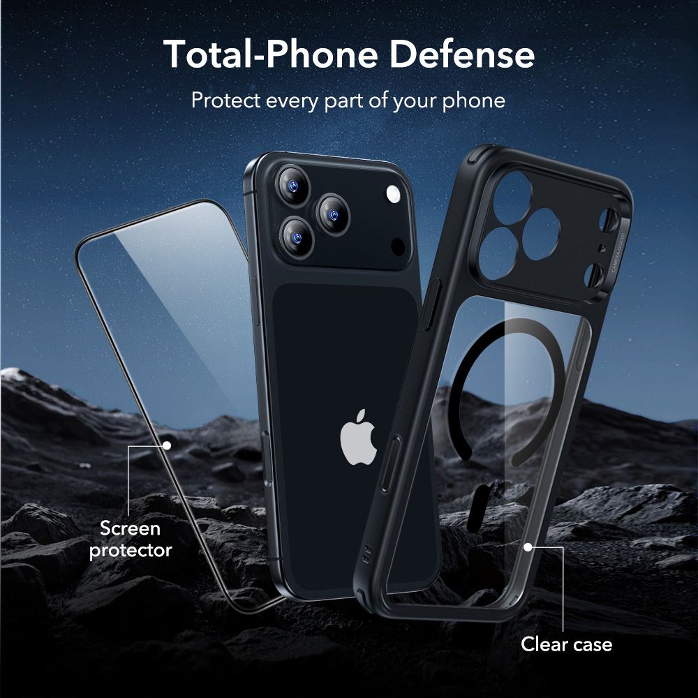 ქეისი ESR Classic Hybrid MagSafe & Tempered Glass iPhone 17 Pro – გამჭირვალე მაღალი ხარისხის ჩასადები, ბრონირებული დაცვით, კამერის ღილაკის დაცვით და საჩუქრად ეკრანის დამცავით.