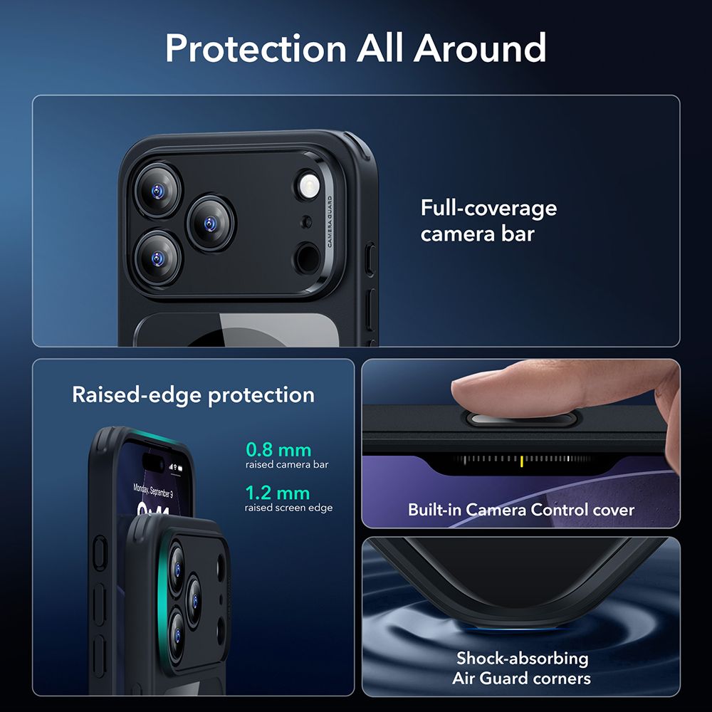 ქეისი ESR Classic Hybrid MagSafe & Tempered Glass iPhone 17 Pro – გამჭირვალე მაღალი ხარისხის ჩასადები, ბრონირებული დაცვით, კამერის ღილაკის დაცვით და საჩუქრად ეკრანის დამცავით.