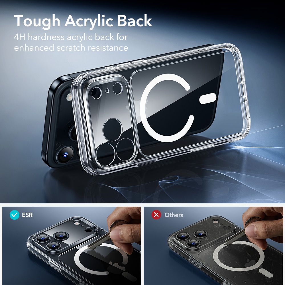 ქეისი ESR Classic Hybrid MagSafe & Tempered Glass iPhone 17 Pro Max – გამჭირვალე მაღალი ხარისხის ჩასადები, ბრონირებული დაცვით, კამერის ღილაკის დაცვით და საჩუქრად ეკრანის დამცავით.