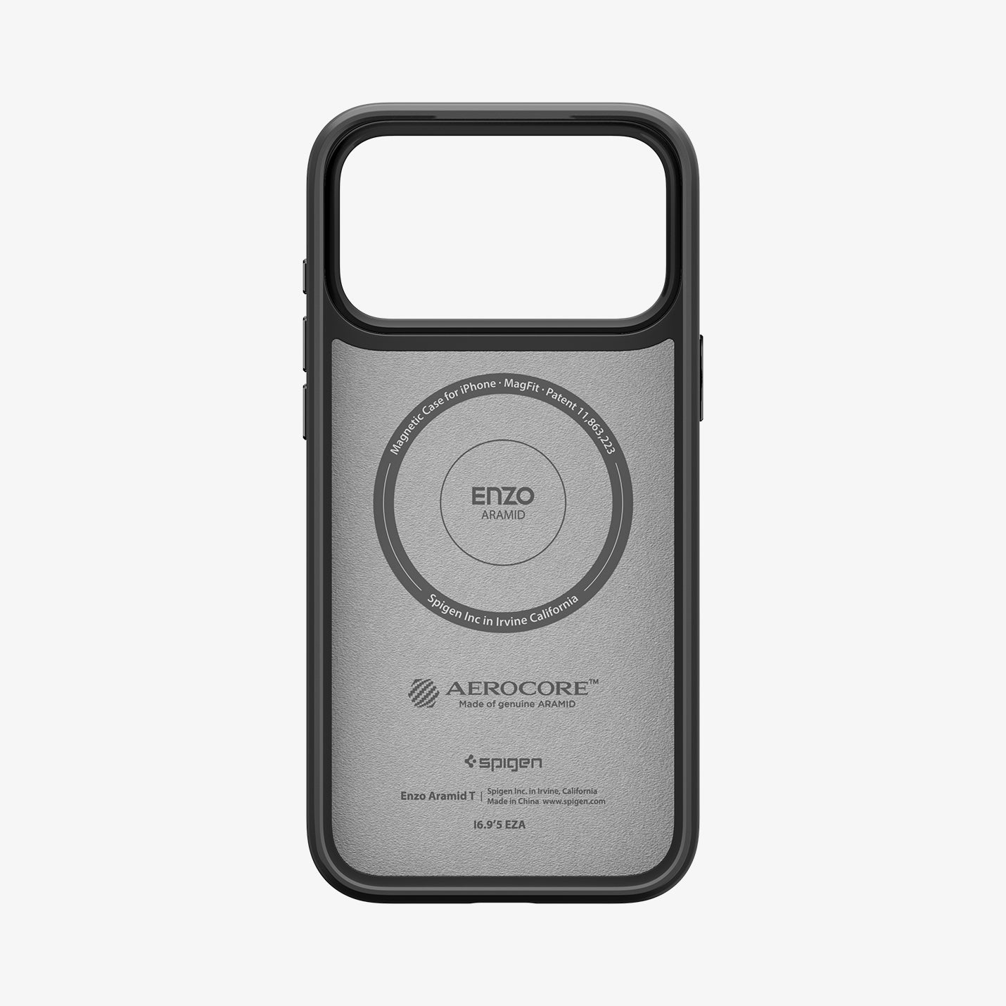 ქეისი Spigen Enzo Aramid "T" MagSafe iPhone 17 Pro – პრემიუმ ხარისხის, დაცვაზე ორიენტირებული ჩასადები სამხედრო ხარისხის არამიდის ბოჭკოთი და კამერის ღილაკის დაცვით.