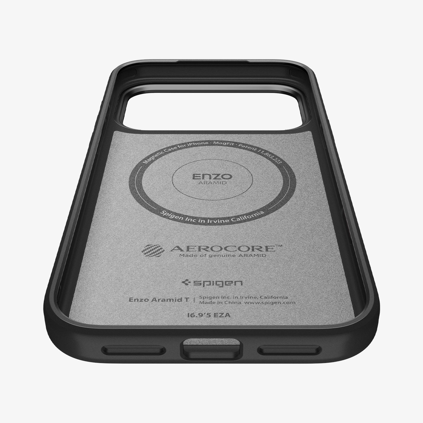 ქეისი Spigen Enzo Aramid "T" MagSafe iPhone 17 Pro – პრემიუმ ხარისხის, დაცვაზე ორიენტირებული ჩასადები სამხედრო ხარისხის არამიდის ბოჭკოთი და კამერის ღილაკის დაცვით.