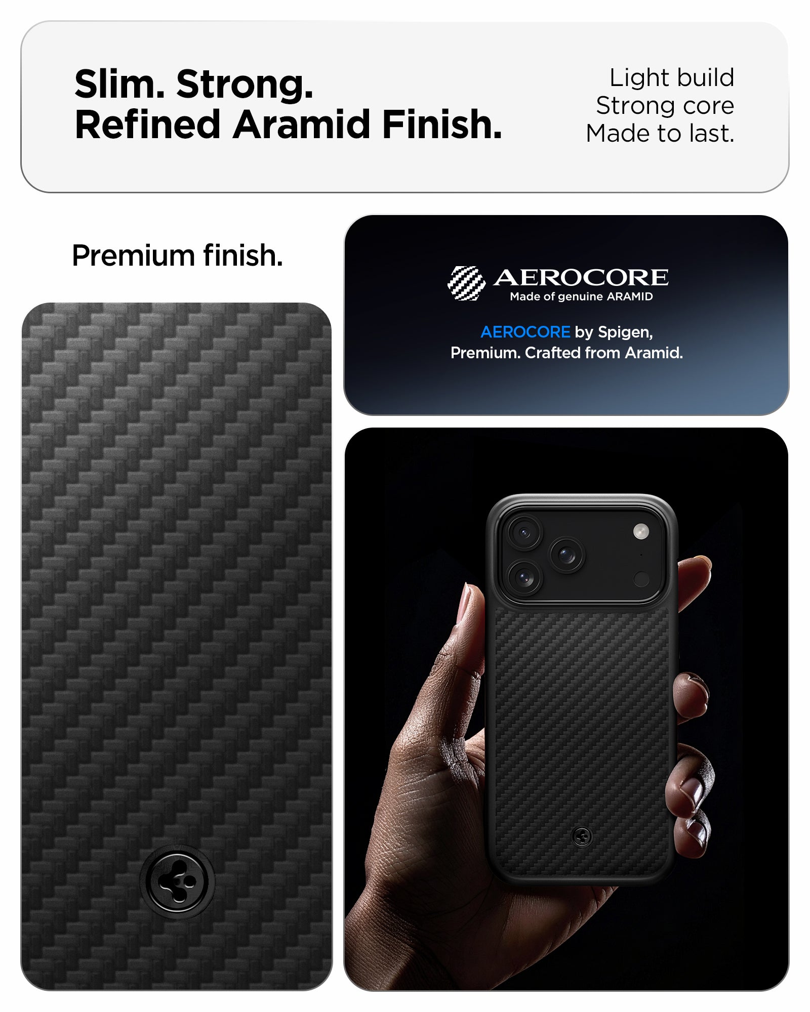 ქეისი Spigen Enzo Aramid "T" MagSafe iPhone 17 Pro – პრემიუმ ხარისხის, დაცვაზე ორიენტირებული ჩასადები სამხედრო ხარისხის არამიდის ბოჭკოთი და კამერის ღილაკის დაცვით.