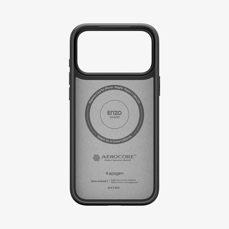 ქეისი Spigen Enzo Aramid "T" MagSafe iPhone 17 Pro Max – პრემიუმ ხარისხის, დაცვაზე ორიენტირებული ჩასადები სამხედრო ხარისხის არამიდის ბოჭკოთი და კამერის ღილაკის დაცვით.
