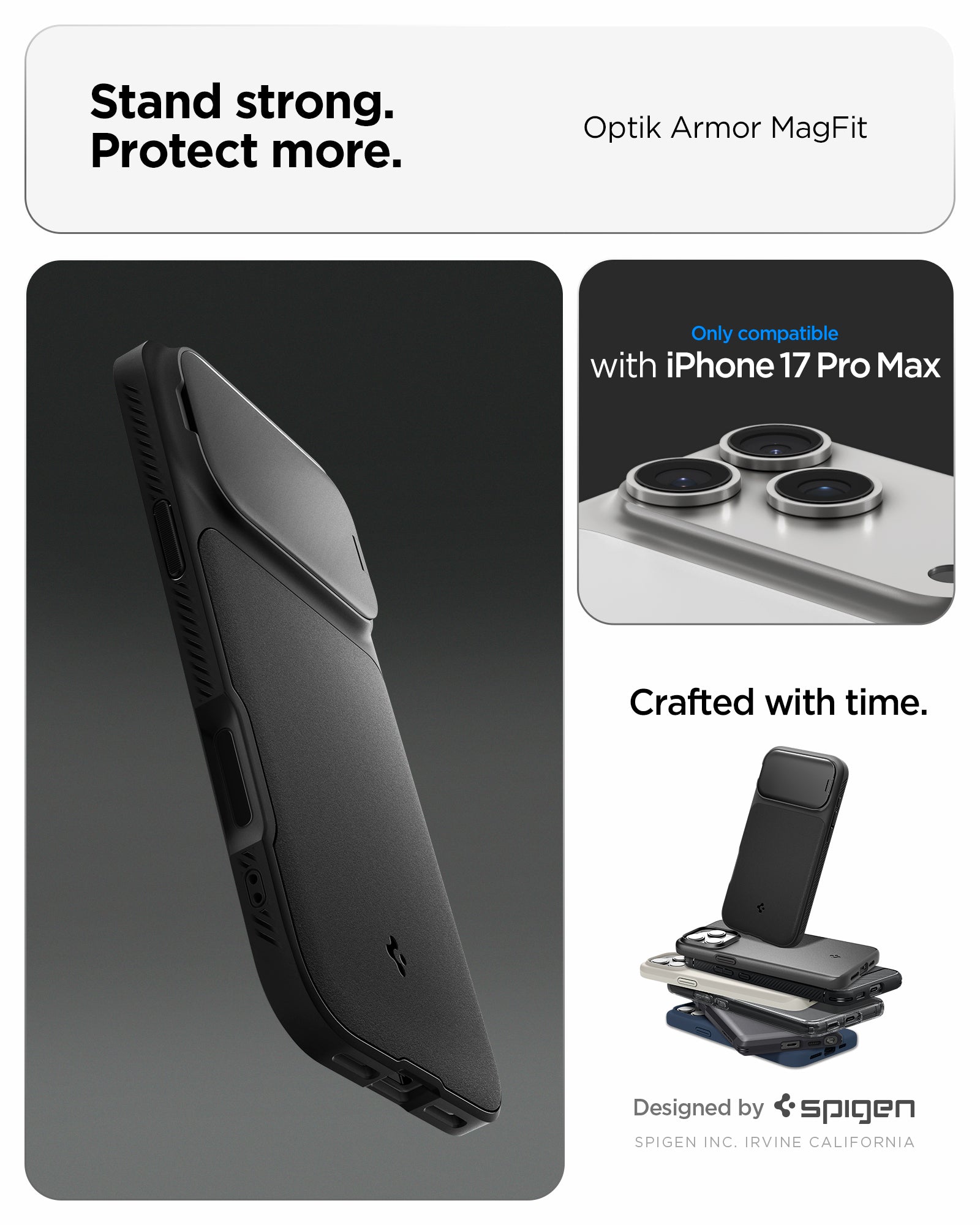 Spigen Optik Armor MagSafe ქეისი iPhone 17 Pro Max-ისთვის – კომფორტული ჩასადები კამერის დამცავით, კამერის ღილაკის დაცვა, დაცვაზე ორიენტირებული დიზაინი და Magsafe / მაგსეიფი მხარდაჭერა