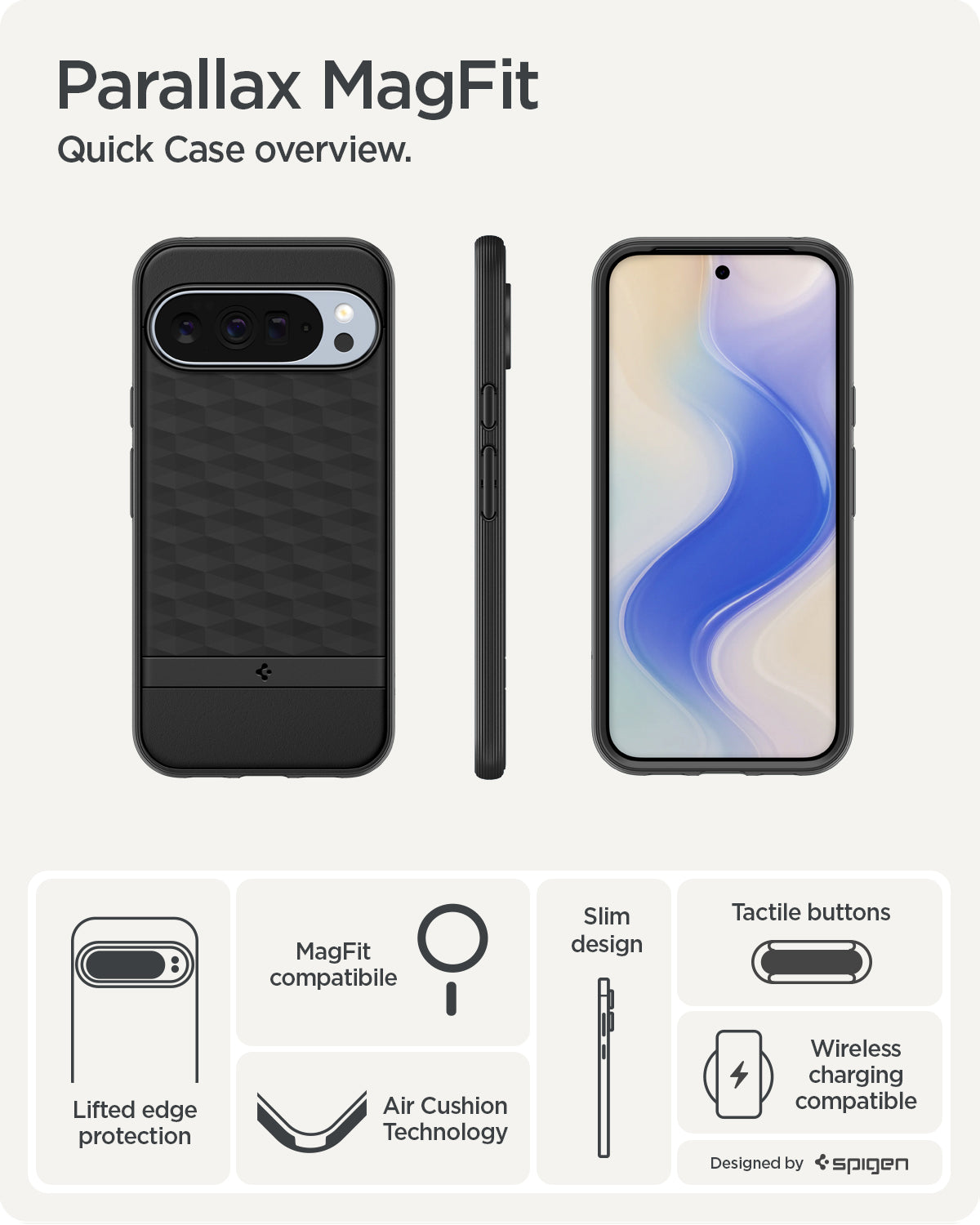 Spigen Parallax MagFit ჩასადები ქეისი Pixel 10 Pro XL-ისთვის, კომფორტული და ლამაზი დიზაინით, დაცვა და Magsafe მაგსეიფი მხარდაჭერით