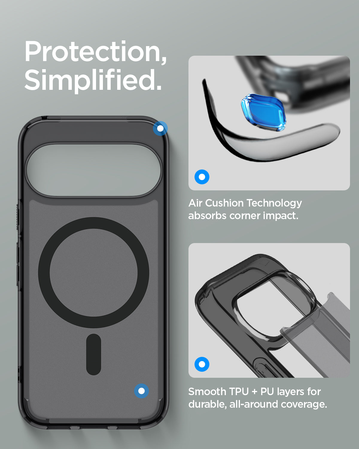 Spigen Ultra Hybrid MagFit ქეისი Pixel 11 Pro XL გამჭვირვალე და მატოვი დიზაინით