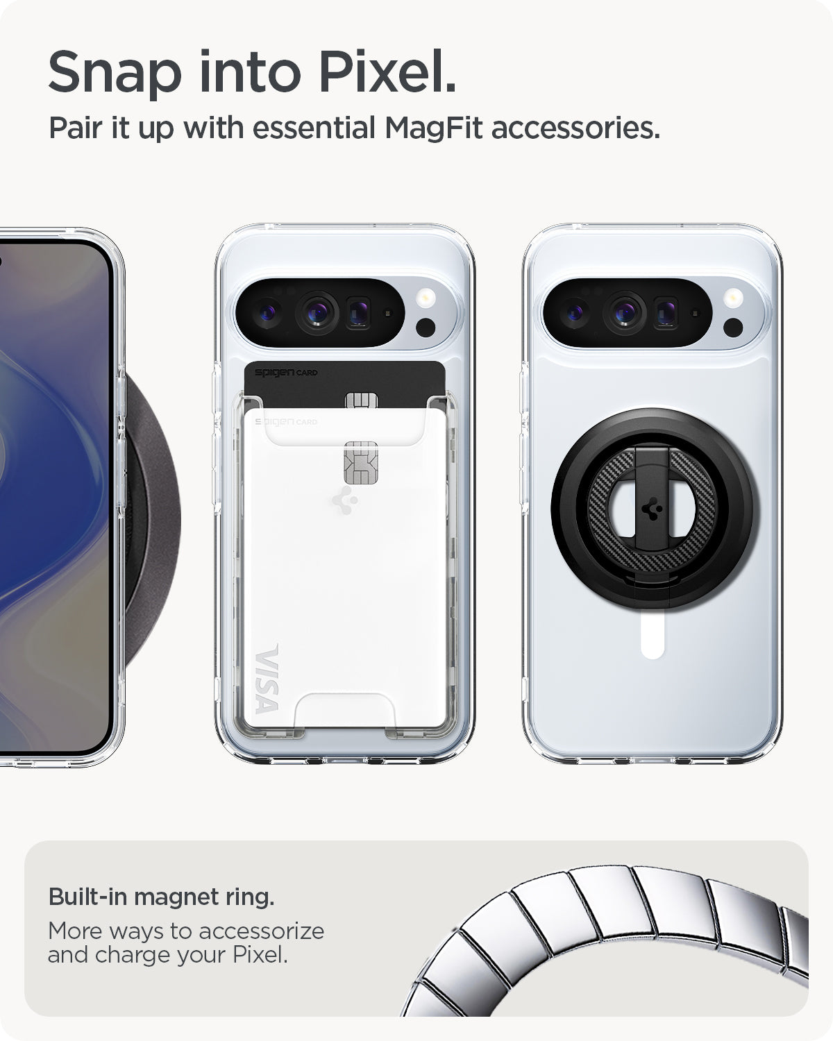 Spigen Ultra Hybrid Metal Ring MagFit Pixel 10 Pro XL გამჭვირვალე პრემიუმ ხარისხის ჩასადები, თავსებადი MagSafe და Magfit სისტემასთან – კომფორტული და ელეგანტური ქეისი Pixel 10 Pro XL-ისთვის
