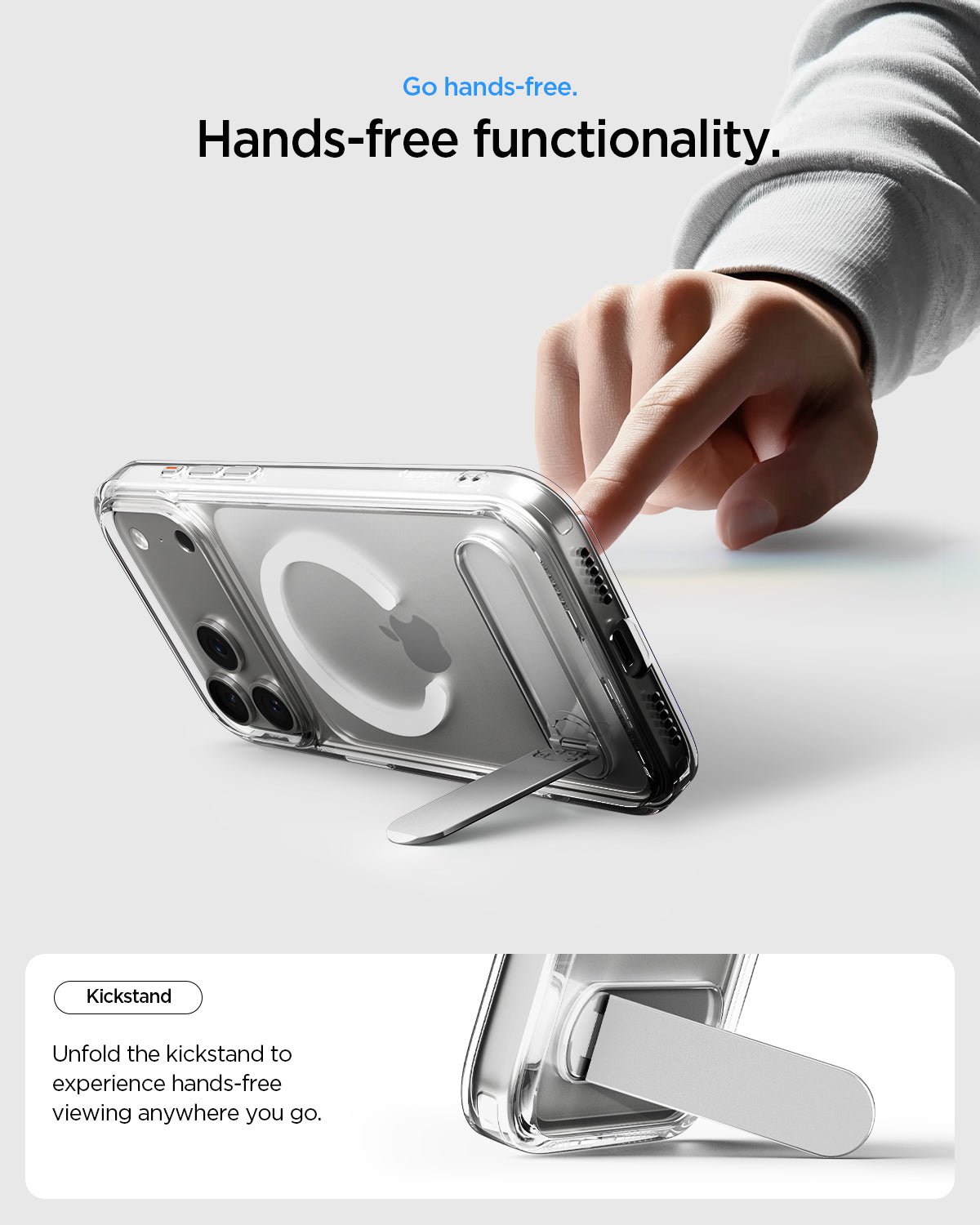 ქეისი Spigen Ultra Hybrid S MagSafe iPhone 17 Pro – გამჭვირვალე Spigen პრემიუმ ხარისხის ქეისი სადგამით და მაგსეიფის მხარდაჭერით.