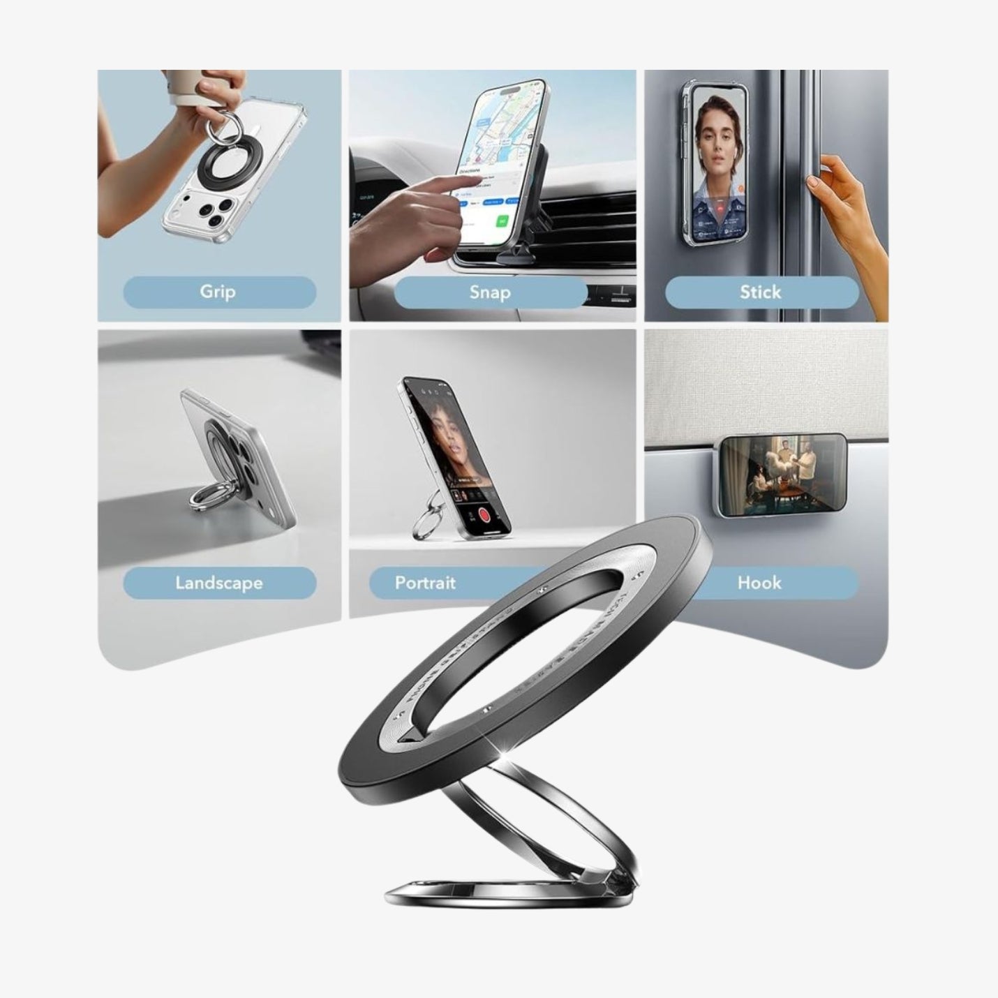 პრემიუმ მაგსეიფის ბეჭედი ESR 360 HaloLock – ძლიერი მაგნიტი და სმარტფონზე მისაკრავი სადგამი სტაბილური დაჭერისთვის.