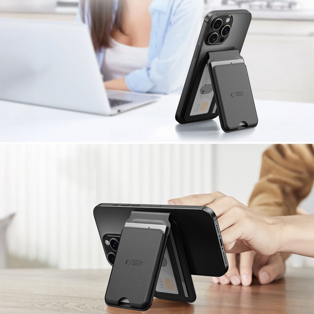 მაგნიტური საფულე Tech-Protect MagWallet Stand Universal Card Holder არის მრავალფუნქციური აქსესუარი, რომელიც მუშაობს საგამით სისტემით, თავსებადია MagSafe (მაგსეიფი) ტექნოლოგიასთან და უზრუნველყოფს ბარათების უსაფრთხო შენახვას; Tech-Protect MagWallet Stand Universal Card Holder is a multifunctional accessory with a magnetic system, compatible with MagSafe technology, ensuring secure card storage.