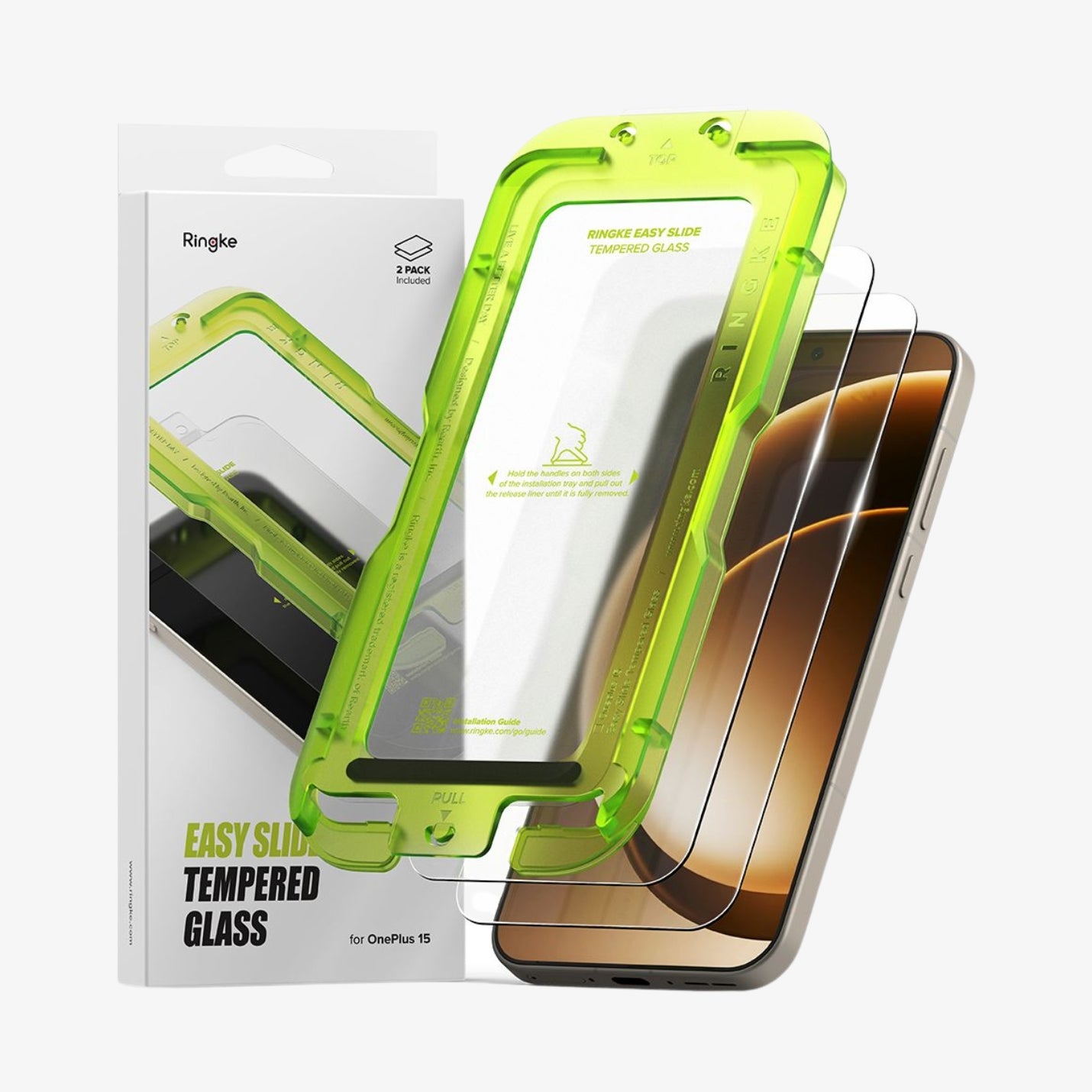 Ringke Easy Slide 2-Pack ეკრანის დამცავი OnePlus 15-ისთვის, გამჭვირვალე ბრონი შავი კანტების გარეშე და მექანიზმით ეკვრის მარტივი მონტაჟით