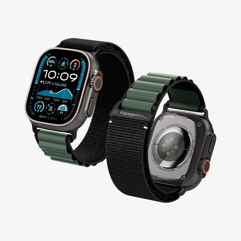 სამაჯური Spigen WBF1 Band – Apple Watch Strap მაღალი ხარისხის ქსოვილის მასალით და კომფორტული დიზაინით. განკუთვნილია Apple Watch Ultra და Apple Watch Series 4,5,6,7,8,9,10,11 სერიებისათვის